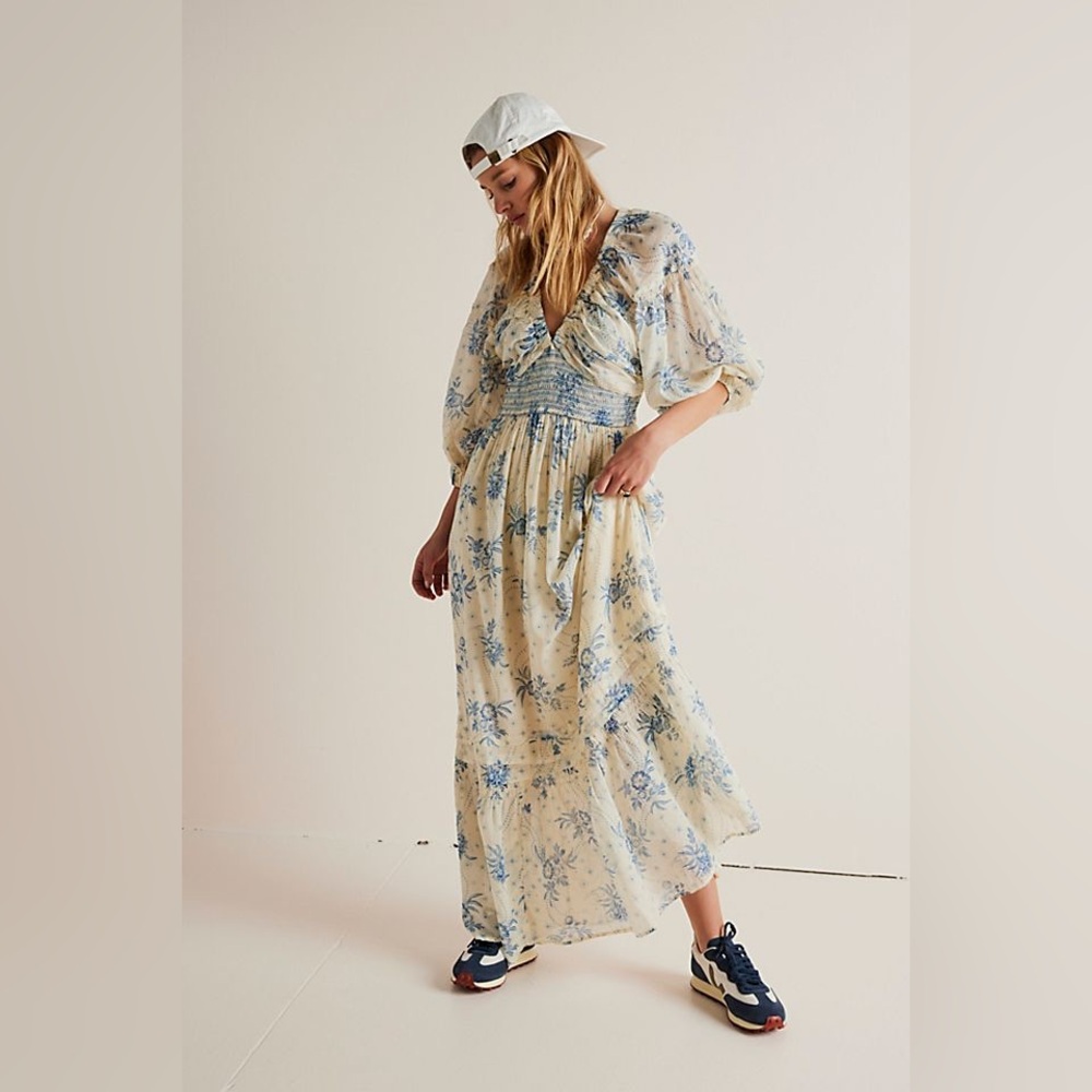 Free People Cream Maxi Dress with Blue Floral Print - Picture 7 of 15